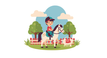 Obraz premium A cheerful young boy wearing a cap rides a spotted pony in a sunny green field