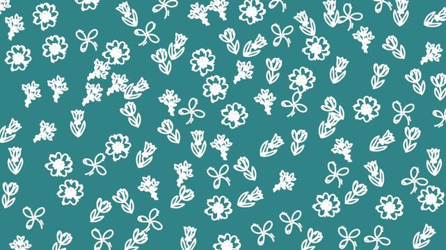 Hand-drawn flowers scatter across a soft teal background. Each bloom is stylized, delicate, with whimsical leaves and stems. Pattern repeats evenly, creating a soothing, organic feel