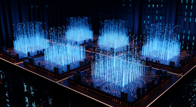 Abstract Digital Network Data Center with Blue Glowing Servers and Circuits