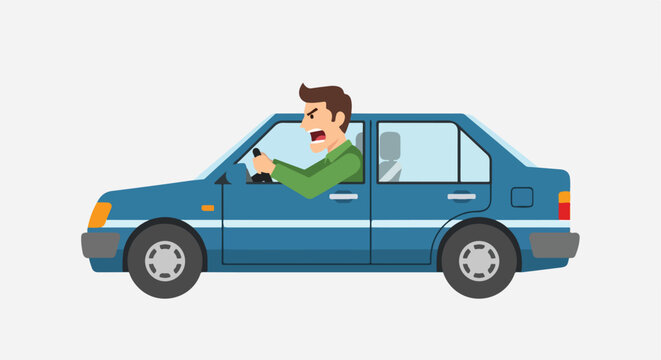 A cartoon man driving a blue car while yelling in frustration on the road
