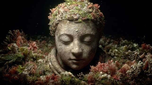 Buddha head submerged in lush aquatic vegetation