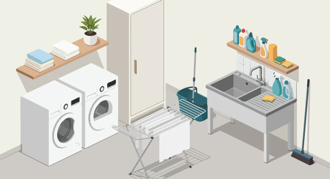 An isometric view of a clean laundry room with machines, sink, and drying rack