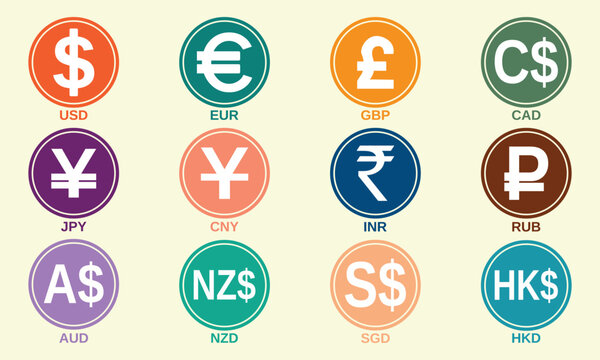Global Currency Symbols Icons Set USD EUR GBP JPY INR CAD AUD Vector Collection