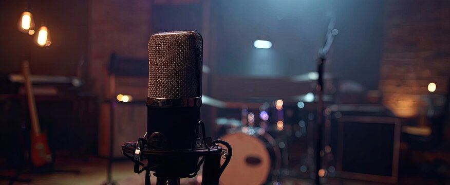 A studio microphone stands prominently in a dimly lit recording space, surrounded by musical instruments and equipment, suggesting a creative and professional environment.