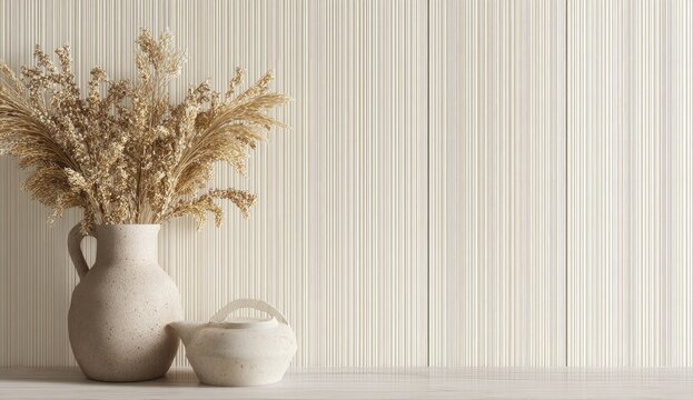 A still life composition features a large ceramic vase filled with dried wheat stalks, accompanied by a smaller teapot, set against a textured, neutral-toned wall.