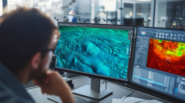 Data Scientist Analyzing Multispectral Satellite Imagery and 3D Terrain Mapping on Monitor in High-Tech Research Facility