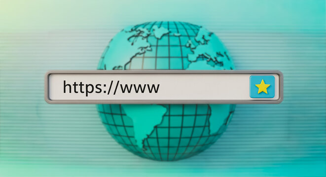 3D Render of a Web Browser Address Bar with HTTPS Prefix over a Blue Globe Representing Global Internet Connectivity