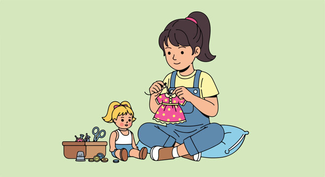 A young girl sits on a cushion and sews a small dress for her toy doll