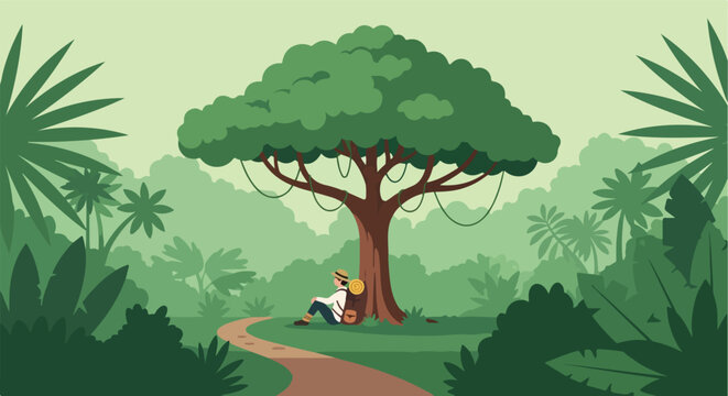 A traveler with a backpack sits beneath a large tree on a path in the forest