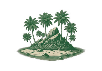 Obraz premium A vintage style illustration depicting a small tropical island with palm trees and rocky terrain isolated on transparent background