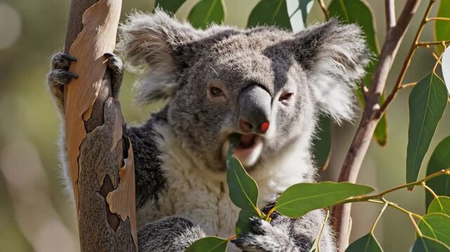 Fluffy Koala Eating Eucalyptus Leaves in Tree