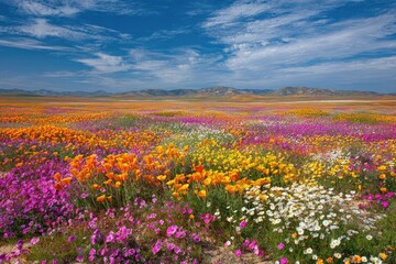 Fototapeta premium Vibrant Wildflower Superbloom Landscape Under a Cloudy Blue Sky.