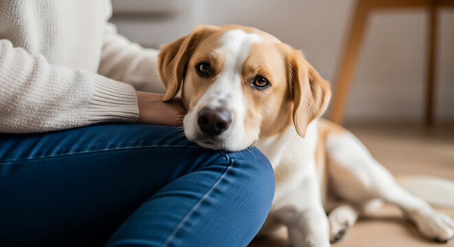 A faithful tan and white mixed breed dog resting its head on the lap of a person wearing a white sweater and blue jeans in a bright cozy home interior.