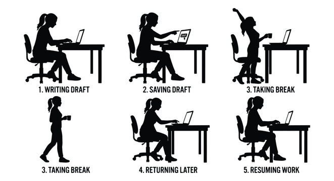Black silhouette woman office worker icons set, female freelancer working on laptop computer, business woman daily routine workflow sequence