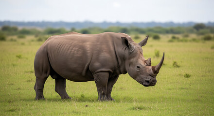 Obraz premium A powerful rhinoceros standing in a vast green grassy field during the day, showcasing its prominent horns and skin texture in a natural wild habitat.
