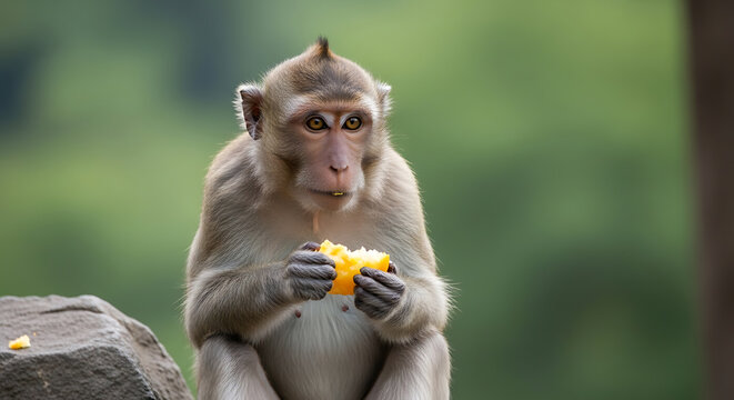 This high-quality wildlife photograph captures a curious macaque monkey enjoying a piece of fresh fruit while sitting on a stone in a lush forest habitat.