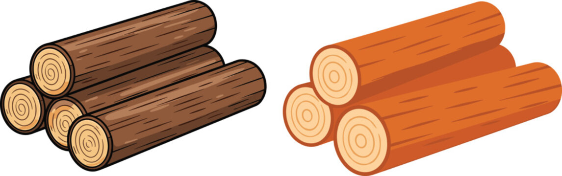 Wood log vector set with natural timber stacks, tree trunk bundles illustration, forestry and lumber material collection isolated on white background