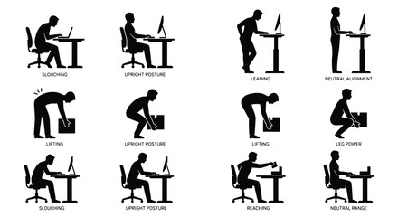Ergonomic posture silhouette icons, correct and incorrect sitting and standing positions, 12 vector elements for office health and safety © Shohel