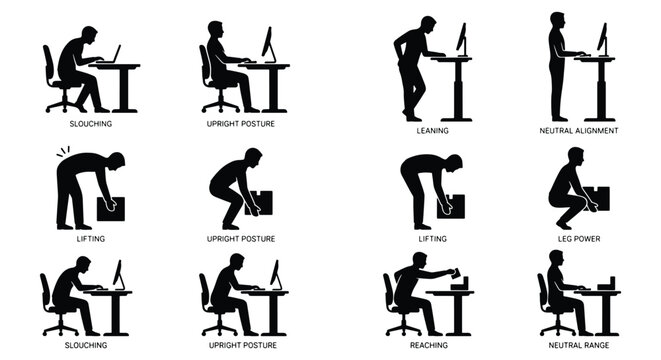 Ergonomic posture silhouette icons, correct and incorrect sitting and standing positions, 12 vector elements for office health and safety