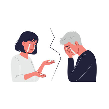 A grieving woman gesturing towards a crying man separated by a jagged break line
