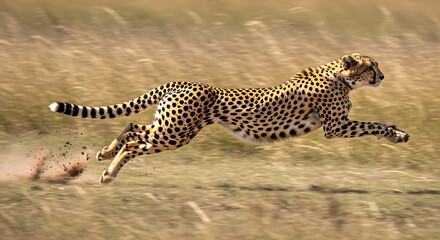 Fototapeta premium A wild cheetah running at full speed across the vast African savanna, showing power and grace as it kicks up dust with its back paws in the sunlight.