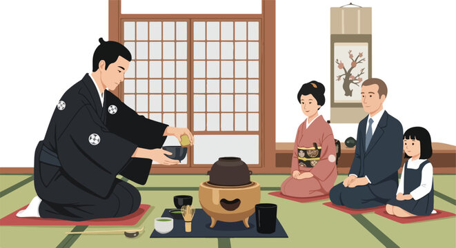 A man performs a traditional Japanese tea ceremony for a family in a tatami room