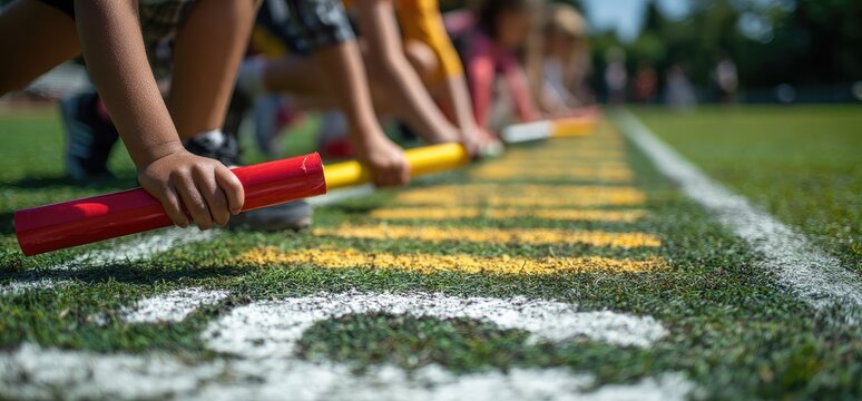 A group of young athletes participates in a relay race on a sunny day, focusing on the exchange of the baton along the track.