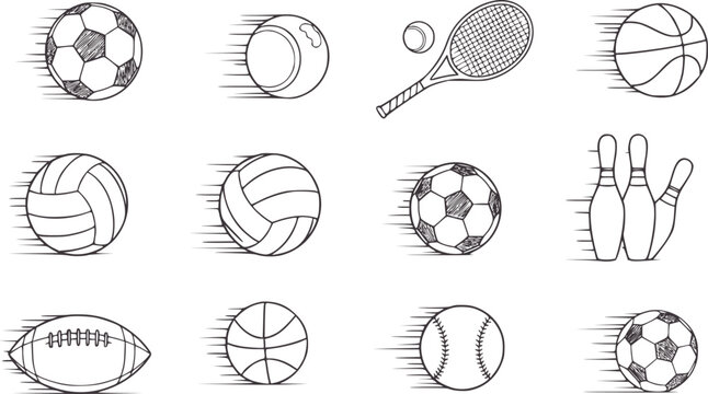 Collection of twelve hand drawn sports balls and equipment in motion soccer tennis