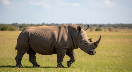 Fototapeta premium Majestic white rhinoceros walking across the grassy plains of the African savanna on a bright sunny day, showcasing wild life and natural habitats.