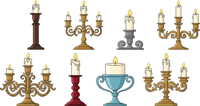 Vintage candle holder vector set with classic candelabras and antique candlesticks, elegant decorative lighting collection isolated on white background