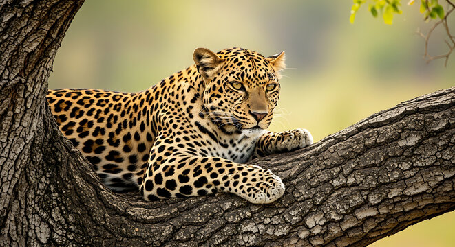 Majestic African leopard with beautiful rosettes resting on a thick textured tree branch in the wild savanna habitat, showcasing its intense yellow gaze.