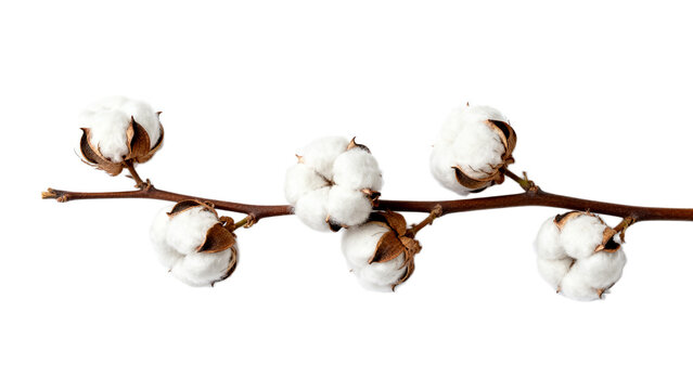 A delicate sprig of cotton blossoms on a white background, showcasing the fluffy, natural fibers of this versatile plant