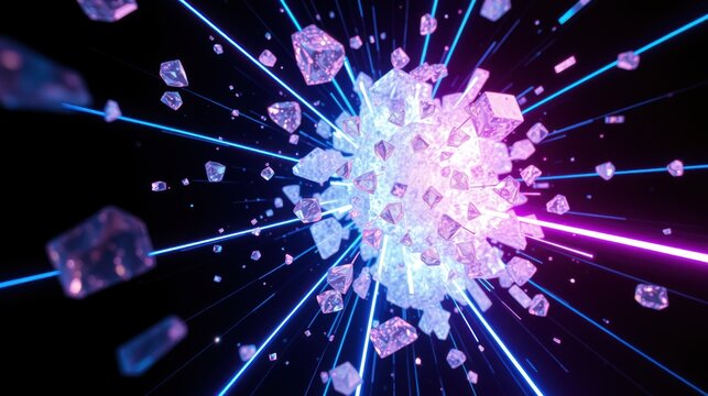 Bright explosion. Crystal shards radiate outward. Intense light, vibrant colors, dark background creates dramatic effect. Energy pulses visible.
