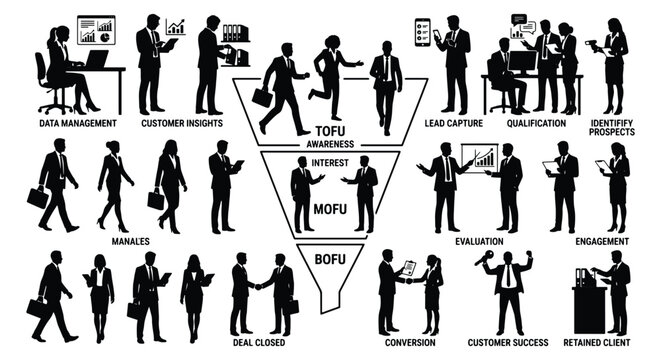 Business Sales Funnel Silhouettes with TOFU MOFU BOFU Stages, Professional Corporate People Vector Set for Marketing Strategy and Lead Generation