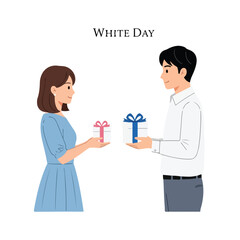 Fototapeta premium A young man and woman exchanging wrapped gift boxes on White Day in celebration