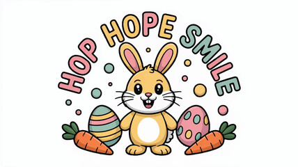 Fototapeta premium Easter bunny illustration with carrots and decorated eggs in a colorful design