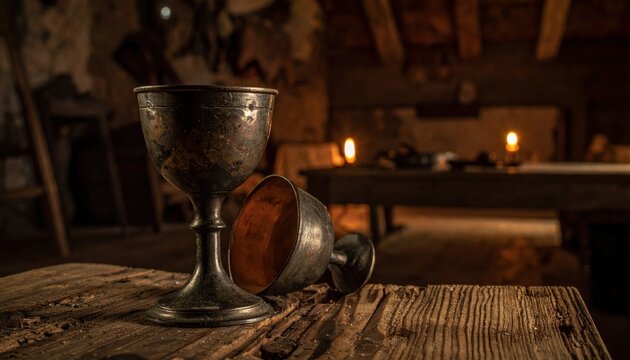 A single tarnished pewter goblet, its rim slightly bent, resting on a rough hewn wood surface, set in a dimly lit ancient interior.