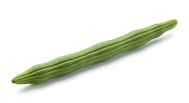Single fresh green drumstick vegetable isolated on a clean white background showing its unique ribbed texture and long slender shape