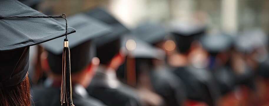 A blurred view of a graduation ceremony showcases a sea of graduates wearing mortarboards, symbolizing academic achievement and the culmination of years of study.