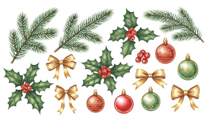 Watercolor Christmas set with fir branches holly leaves and ornaments festive holiday elements © MD AJIJUL HAKIM