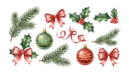 Decorative watercolor Christmas elements with fir holly berries ribbons and ornaments set © MD AJIJUL HAKIM