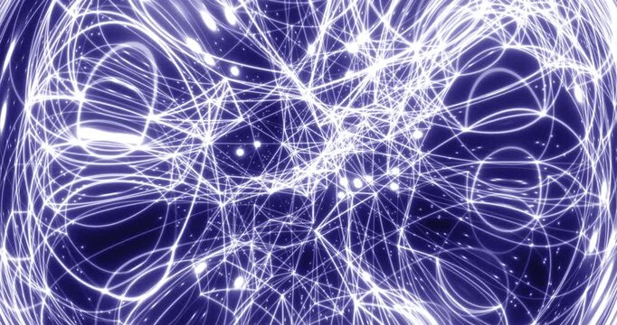 Seamless loop. An abstract luminous sphere demonstrates the dynamic motion of particles moving in a circle. The internal structure of many intertwining lines and dots alternately disintegrates and ref