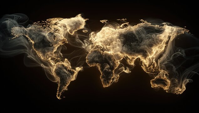 A stunning world map is rendered as swirling, luminous smoke against a dark background.