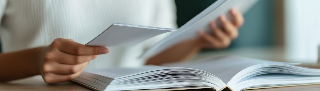Close-up of hands comparing documents over an open book on a wooden table, symbolizing detailed study, document review and administrative info management, Education, Business