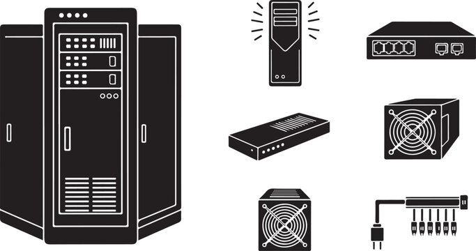 Collection of computer hardware and server equipment illustrations