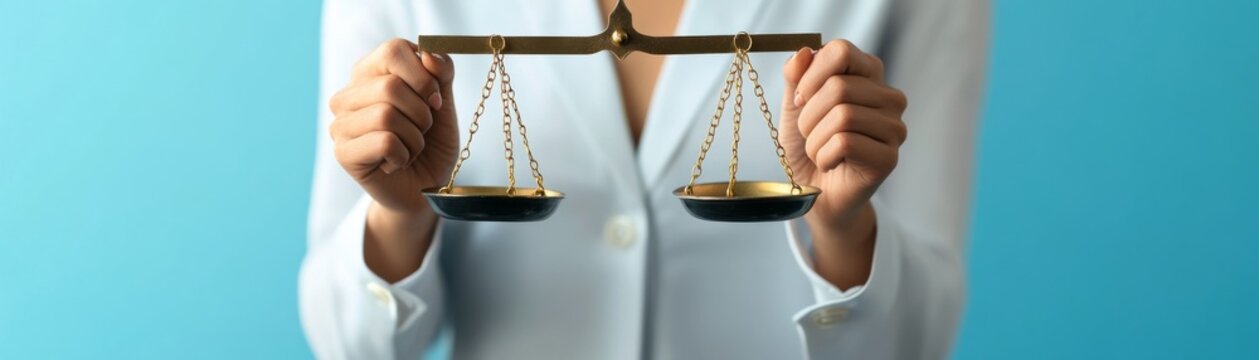 Close-up of hands holding a brass balance scale level against a blue background, symbolizing justice, equality and ethical decision-making. Justice, Balance