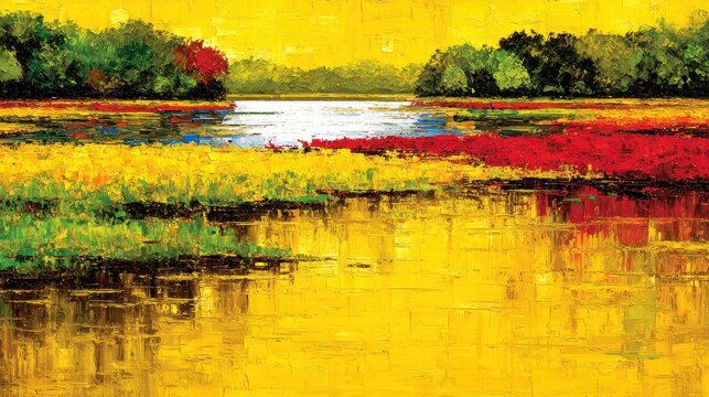 Impasto style painting depicts a vivid riparian landscape with intense color saturation