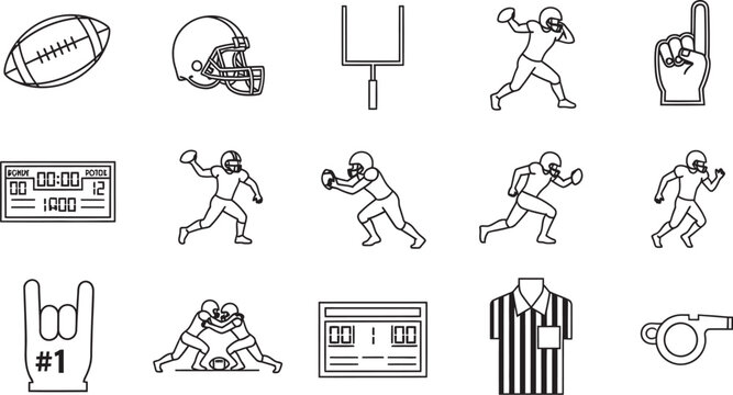 American football icons set a collection of black and white line art illustrations