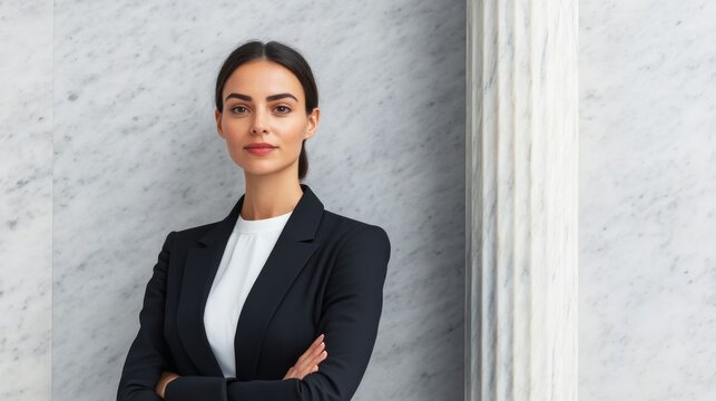 Confident professional businesswoman in black blazer, arms crossed, a half-body portrait against a marble wall and fluted column. Corporate elegance, poised leadership. Business, Law