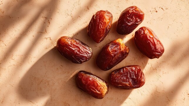 Close up of dates fruits on textured surface overhead shot